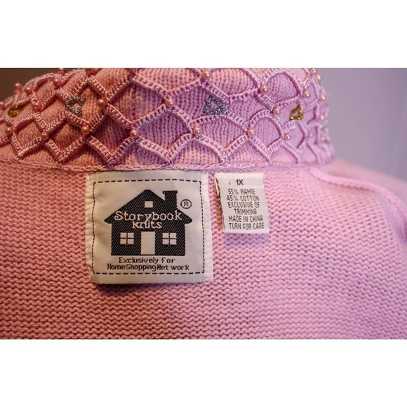 Vintage Storybook Knits Cardigan Sweater Pink Silver Embroidered Faux Pearls 1X - Picture 5 of 6